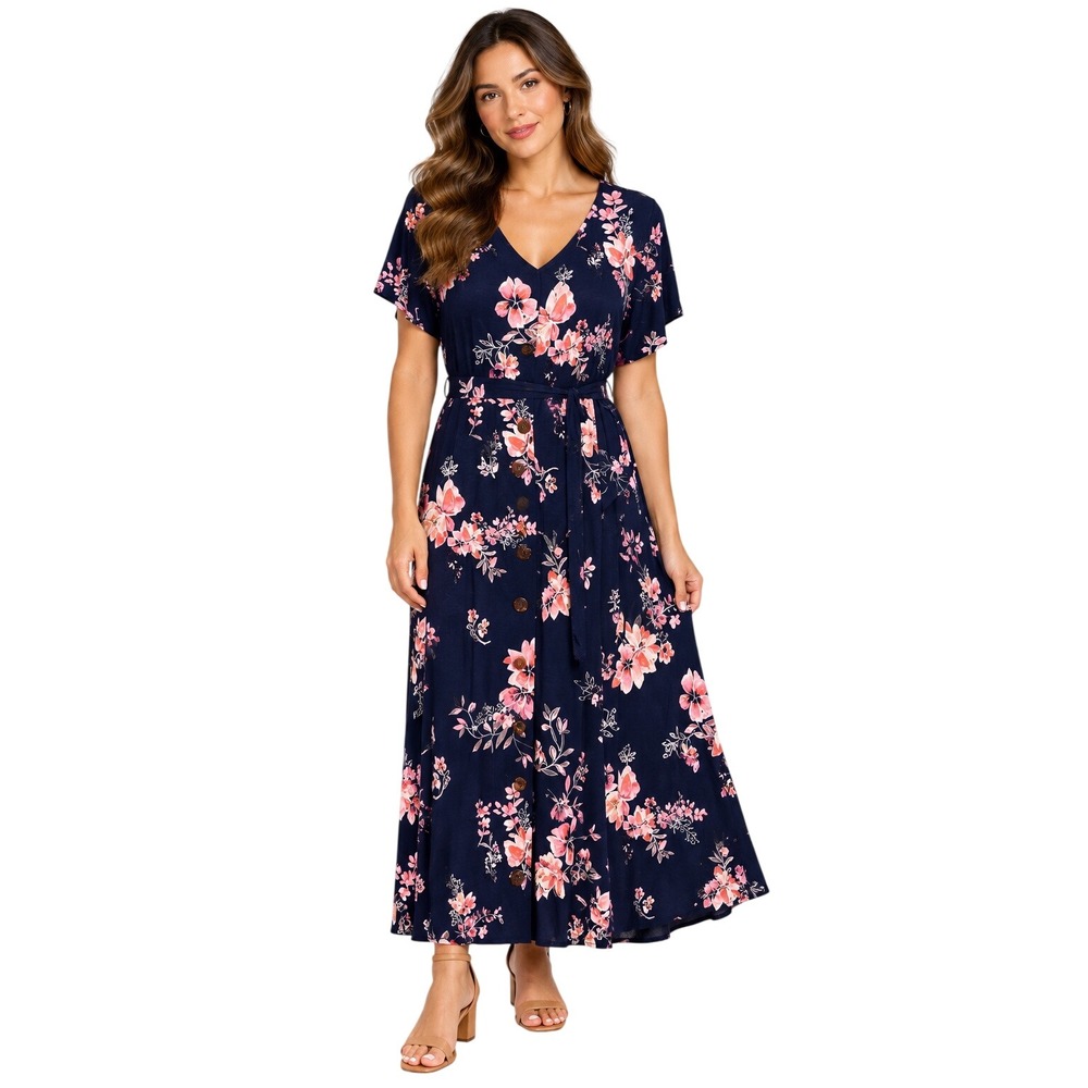 J. Jill Navy Blue Floral Dolman Sleeve Midi Dress Faux Button Front Small